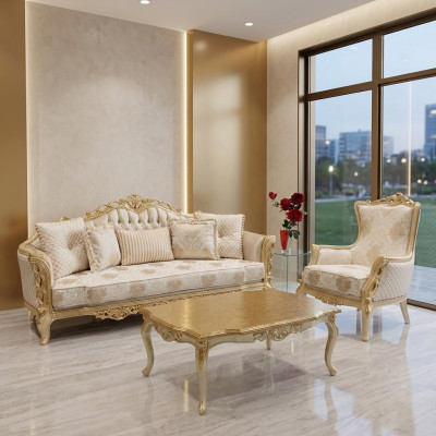 Conjunto de sofá Sofá 3+1 Plaza Sillón Mesa con patas talladas Mesa de centro 3 piezas.