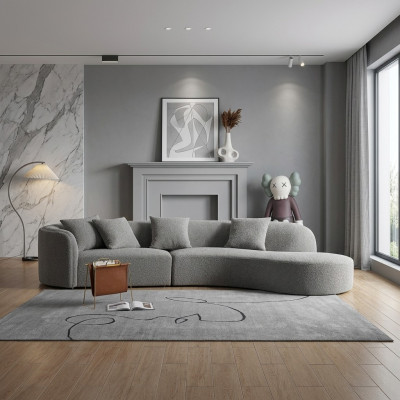 Sofá de lujo gris para cinco personas, gran sala de estar, muebles modernos nuevos.