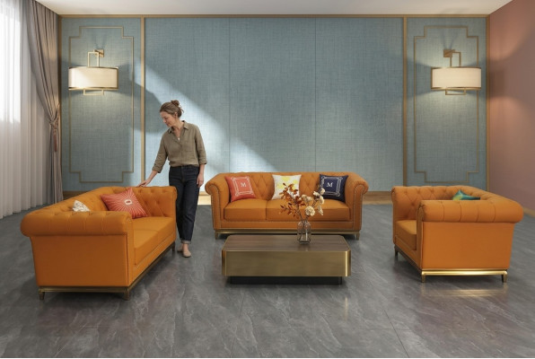 Chesterfield conjunto de sofás de sala de estar de lujo 3+2+1 naranja nuevo