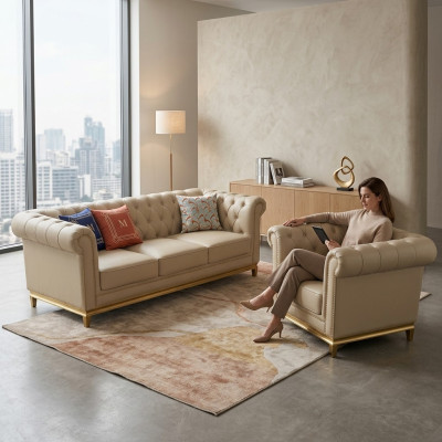 Sofá de lujo beige, set de sofá, sofás, sillas, 3+1 asientos, diseño de tela