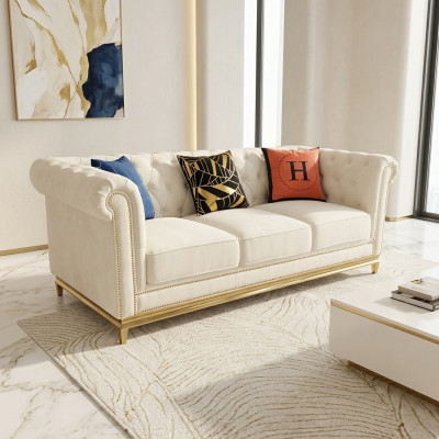 Chesterfield Textil Sofá de Tres Plazas Nuevo