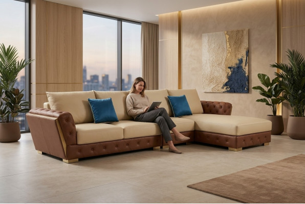 Sofá de cuero Sofá Couch de lujo Muebles de tapicería beige Diseño de salón conjunto de muebles