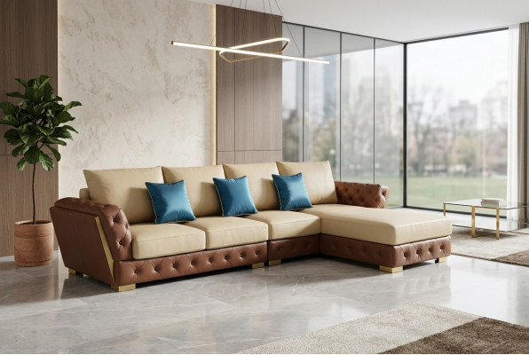 Sofá de cuero Sofá Couch de lujo Muebles de tapicería beige Diseño de salón conjunto de muebles