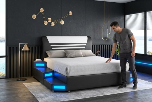 Lujo cama de dormitorio con iluminación LED en cuero 180x200 Muebles Camas