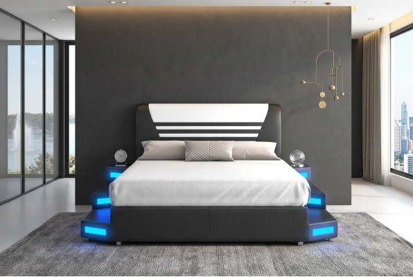 Lujo cama de dormitorio con iluminación LED en cuero 180x200 Muebles Camas