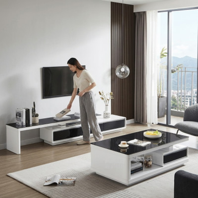 Mueble de sala de lujo para televisores blanco y negro con aparador de cristal.