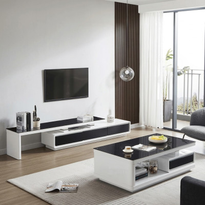 Mueble de sala de lujo para televisores blanco y negro con aparador de cristal.