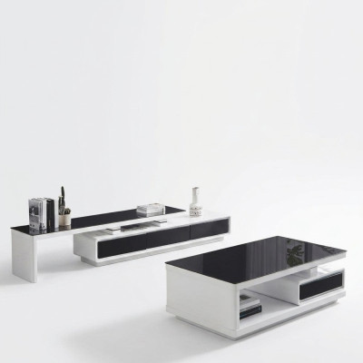 Mueble de sala de lujo para televisores blanco y negro con aparador de cristal.