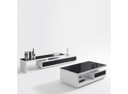 Mueble de sala de lujo para televisores blanco y negro con aparador de cristal.