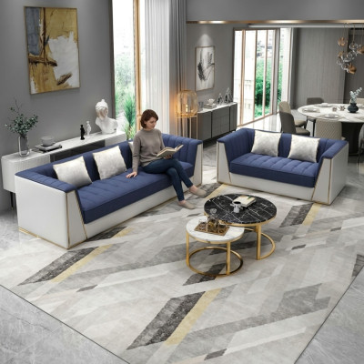 Sofá moderno en azul y blanco de 3+2 plazas para sala de estar, lujoso.