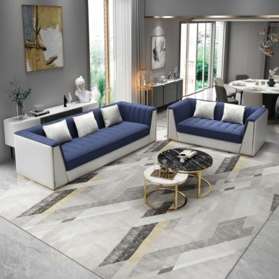 Sofá moderno en azul y blanco de 3+2 plazas para sala de estar, lujoso.