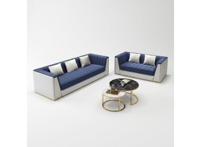 Sofá moderno en azul y blanco de 3+2 plazas para sala de estar, lujoso.
