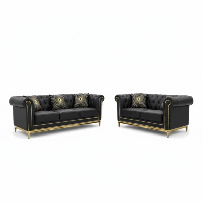 Sofá de salón Chesterfield negro de lujo en juego de 3+2 plazas, set de 2 piezas.