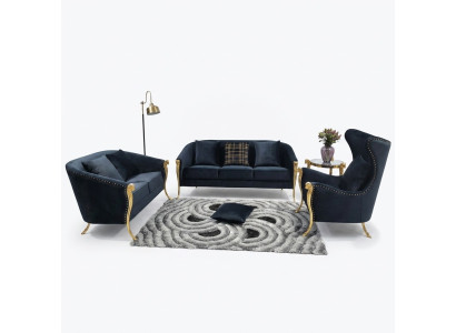 Lujo conjunto de tapicería butaca 3+2+1 plazas negro terciopelo patas doradas