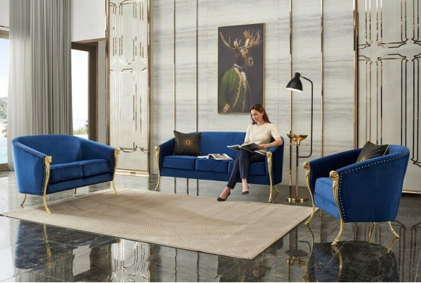 Sofá de lujo de 3 plazas + 2 plazas + 1 plaza, asiento con patas azules doradas, cojines de asiento nuevos.