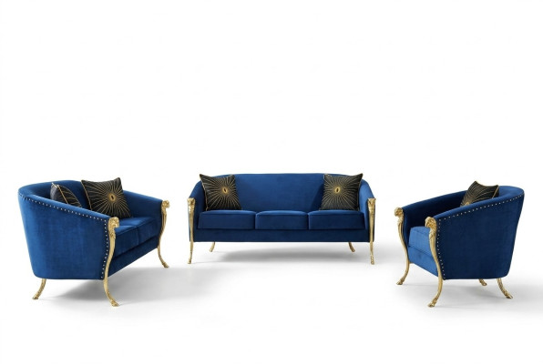 Sofá de lujo de 3 plazas + 2 plazas + 1 plaza, asiento con patas azules doradas, cojines de asiento nuevos.
