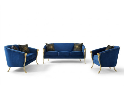 Sofá de lujo de 3 plazas + 2 plazas + 1 plaza, asiento con patas azules doradas, cojines de asiento nuevos.