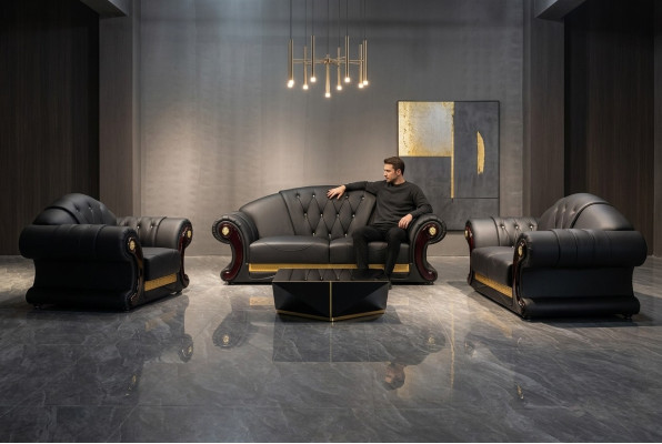 Conjunto de sofás Chesterfield 3+2+1 de cuero, muebles tapizados clásicos.