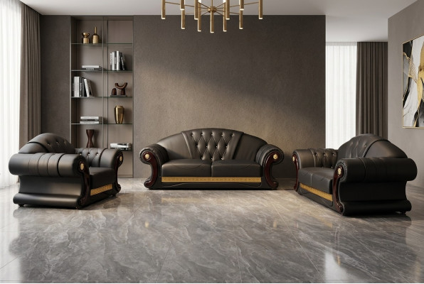 Conjunto de sofás Chesterfield 3+2+1 de cuero, muebles tapizados clásicos.