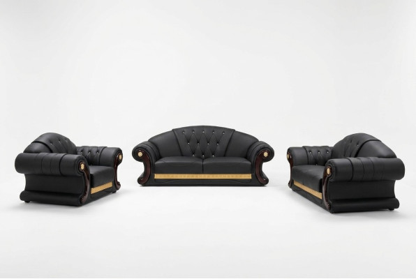 Conjunto de sofás Chesterfield 3+2+1 de cuero, muebles tapizados clásicos.