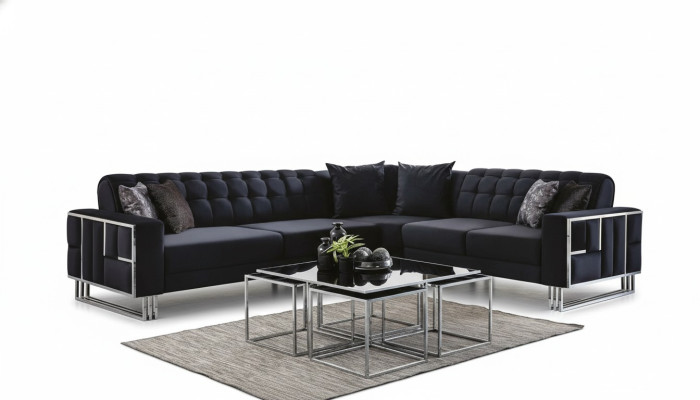 Sofá esquinero de lujo de tela, conjunto de esquina de muebles de sofá de elementos de metal.