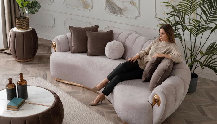 Sofá de lujo Big Couch Sofás redondos Sofás xxl Muebles tapizados Tapicería gris de 263 cm.