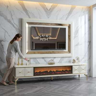 mueble de salón con estantería de televisión y chimenea, juego de muebles de pared con panel de televisión de acero inoxidable de lujo
