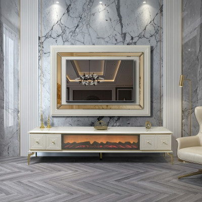 mueble de salón con estantería de televisión y chimenea, juego de muebles de pared con panel de televisión de acero inoxidable de lujo