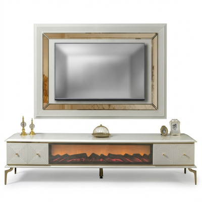 mueble de salón con estantería de televisión y chimenea, juego de muebles de pared con panel de televisión de acero inoxidable de lujo