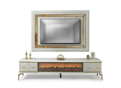 mueble de salón con estantería de televisión y chimenea, juego de muebles de pared con panel de televisión de acero inoxidable de lujo