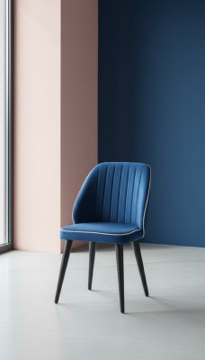 Silla acolchada azul con patas de madera negra para comedor, modelo claro.