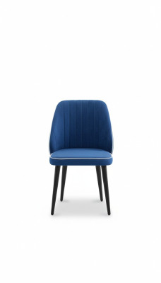 Silla acolchada azul con patas de madera negra para comedor, modelo claro.