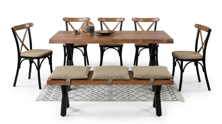 Mesa de comedor de madera y 4 sillas con asientos acolchados y banco para el comedor
