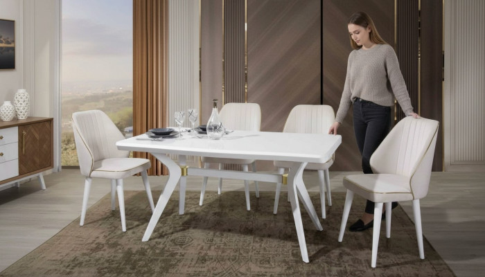 Juego de sillas de comedor de lujo blanco con 4 sillas de acero inoxidable muebles de madera.