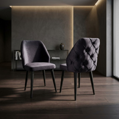 Silla de madera acolchada gris Chesterfield con patas negras para comedor