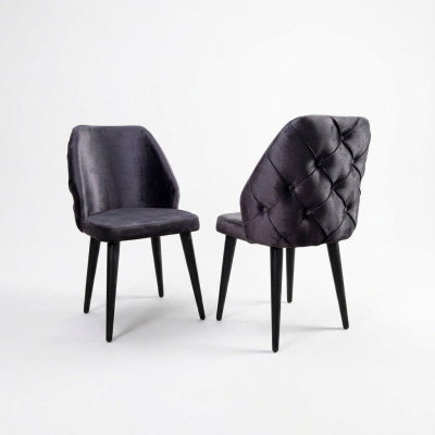 Silla de madera acolchada gris Chesterfield con patas negras para comedor