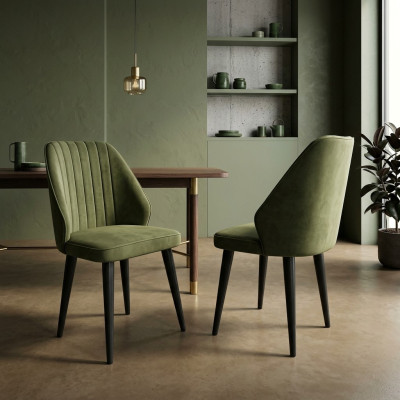 Silla verde con patas de madera negra para el comedor, nuevo modelo cómodo.