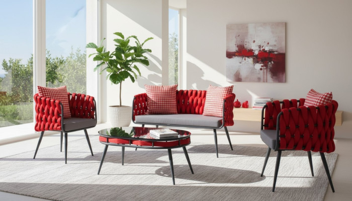 Conjunto de jardín rojo de lujo, muebles de asiento, mesa, sofá, sofá de terraza de 4 piezas.