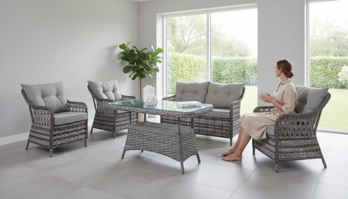 Muebles de jardín modernos Conjunto de sofás de lujo Mesa Taburete Sillón Grupo de asientos