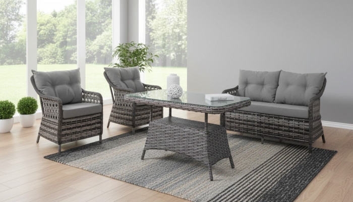 Muebles de jardín modernos Conjunto de sofás de lujo Mesa Taburete Sillón Grupo de asientos