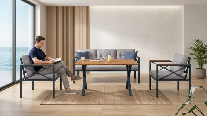 Conjunto de muebles de jardín gris moderno: silla, taburete, mesa, porche, set de 4 piezas.