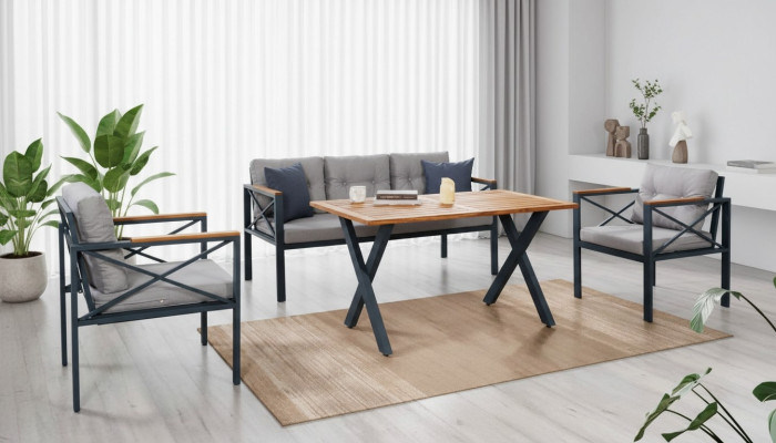 Conjunto de muebles de jardín gris moderno: silla, taburete, mesa, porche, set de 4 piezas.