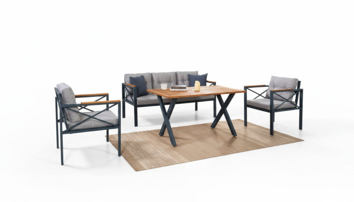 Conjunto de muebles de jardín gris moderno: silla, taburete, mesa, porche, set de 4 piezas.