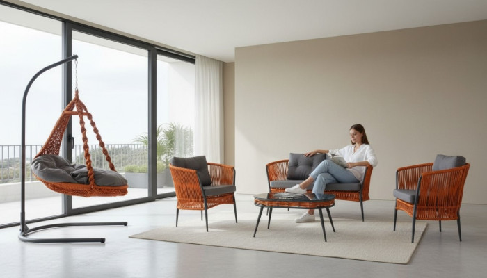 Juego de muebles de jardín naranja: conjunto de sofá de dos plazas, sillón y mesa de centro.