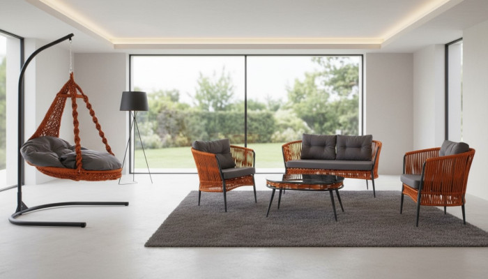 Juego de muebles de jardín naranja: conjunto de sofá de dos plazas, sillón y mesa de centro.
