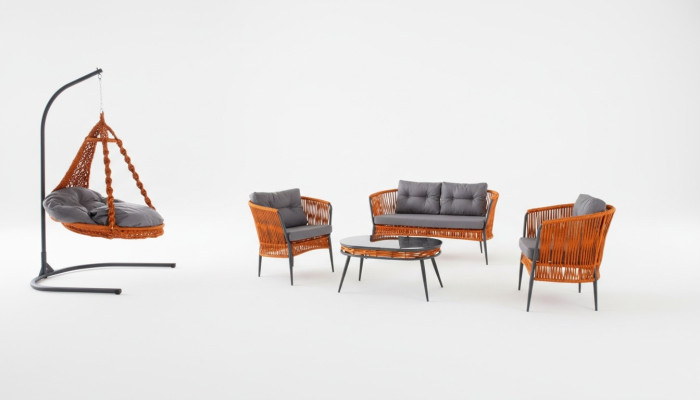 Juego de muebles de jardín naranja: conjunto de sofá de dos plazas, sillón y mesa de centro.