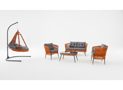 Juego de muebles de jardín naranja: conjunto de sofá de dos plazas, sillón y mesa de centro.