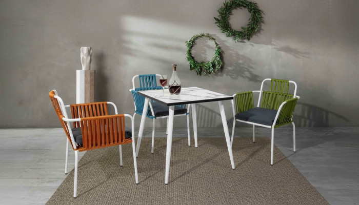 Muebles de comedor modernos, 4 sillas de terraza, muebles de acero inoxidable.