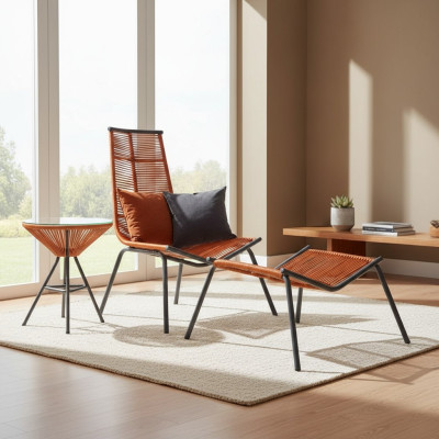 Conjunto moderno para tu jardín compuesto por sillón, taburete y mesa auxiliar