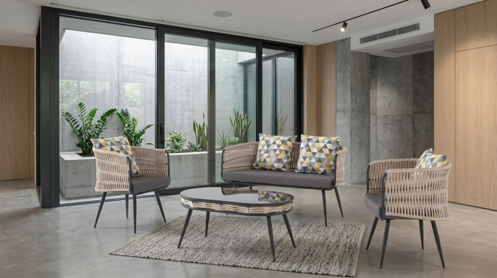 Muebles de jardín Conjunto de sofá Mesa Taburete Sillón Porche Conjunto de asientos de 4 piezas.
